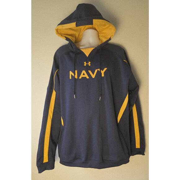 US NAVY Mens XXL Under Armour Hoodie Regular Fit Blue Gold Pullover EUC - Picture 1 of 9